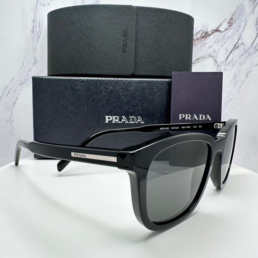 New PRADA Sunglasses Black Acetate Square Silver Metal Logo 53mm Gray Lens - Picture 6 of 16